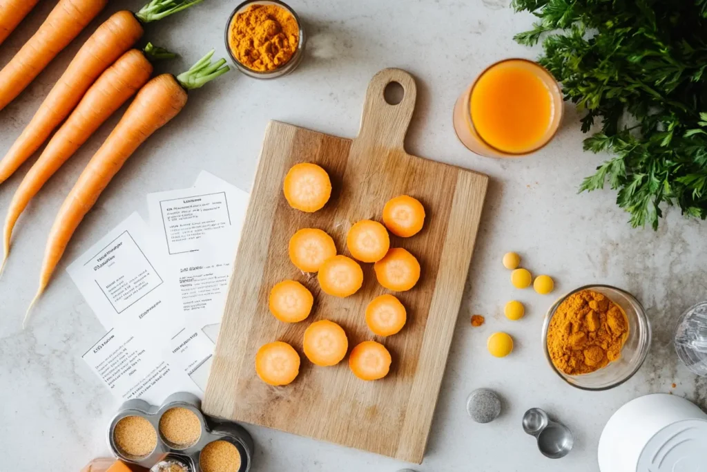 Carrot juice with sliced carrots and labeled nutrition facts highlighting vitamins and minerals.