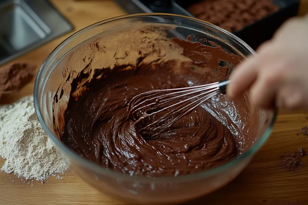 Close-up of whisk mixing smooth kefir sheet cake batter in a glass bowl on a wooden counter.