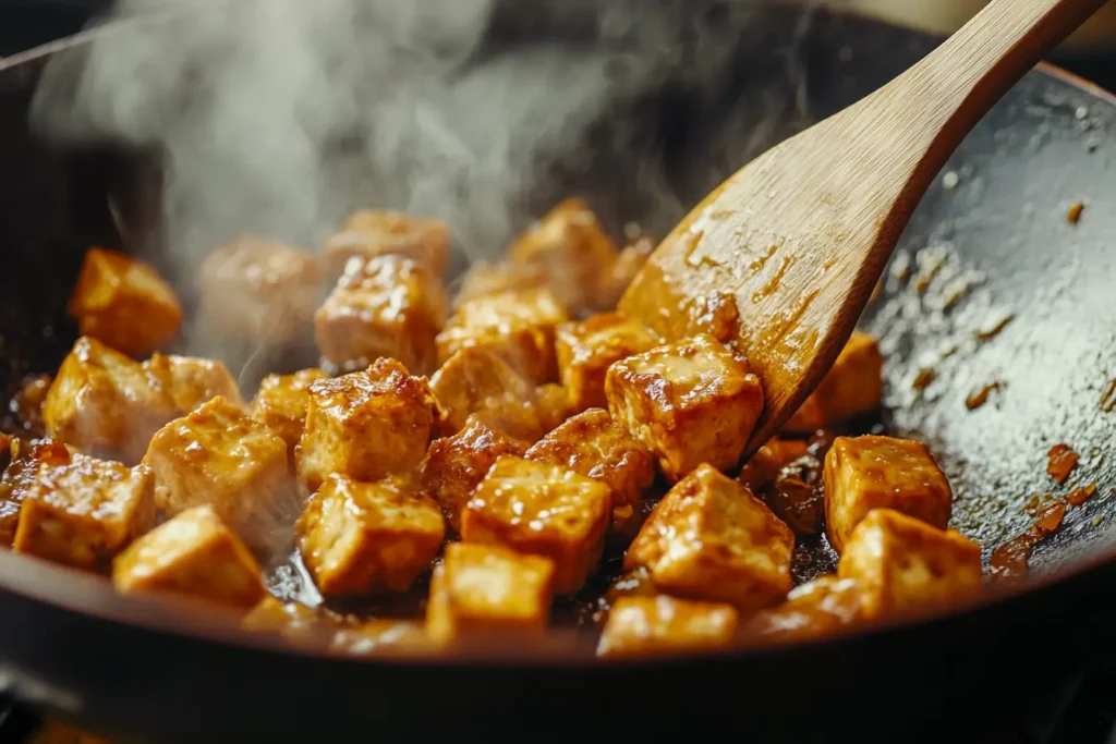 Crispy tofu cubes stir-frying in a wok with sesame oil, perfect for a vegan Southeast Asia brown rice stir-fry.