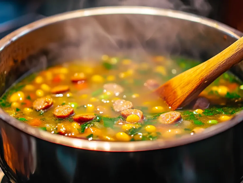 Swamp soup simmering in a pot with sausage, beans, and vibrant green broth, stirred with a wooden spoon on a stovetop.