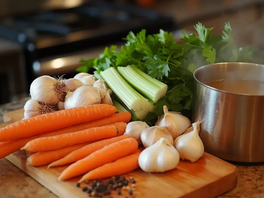 Ingredients for homemade broth, including chicken bones, onions, carrots, celery, garlic, and herbs, on a wooden board.