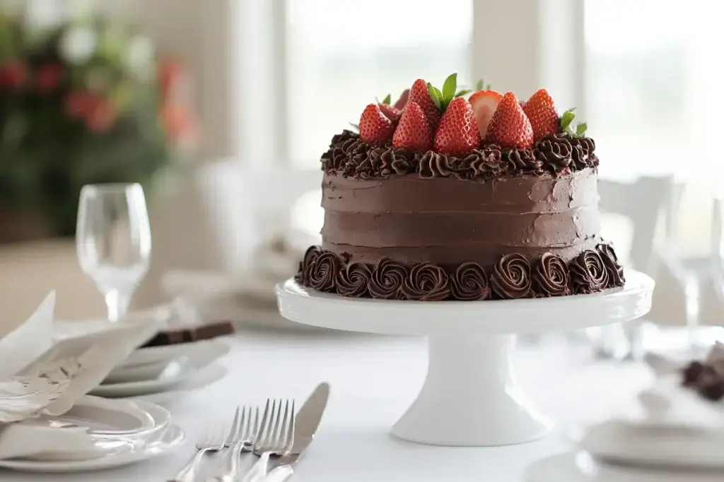 A rich chocolate layer cake with glossy buttercream frosting and chocolate shavings on a white cake stand.