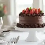 A rich chocolate layer cake with glossy buttercream frosting and chocolate shavings on a white cake stand.