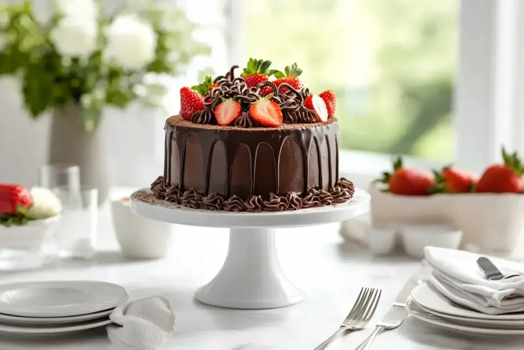 A decorated chocolate layer cake topped with chocolate curls and fresh strawberries on a ceramic cake stand.