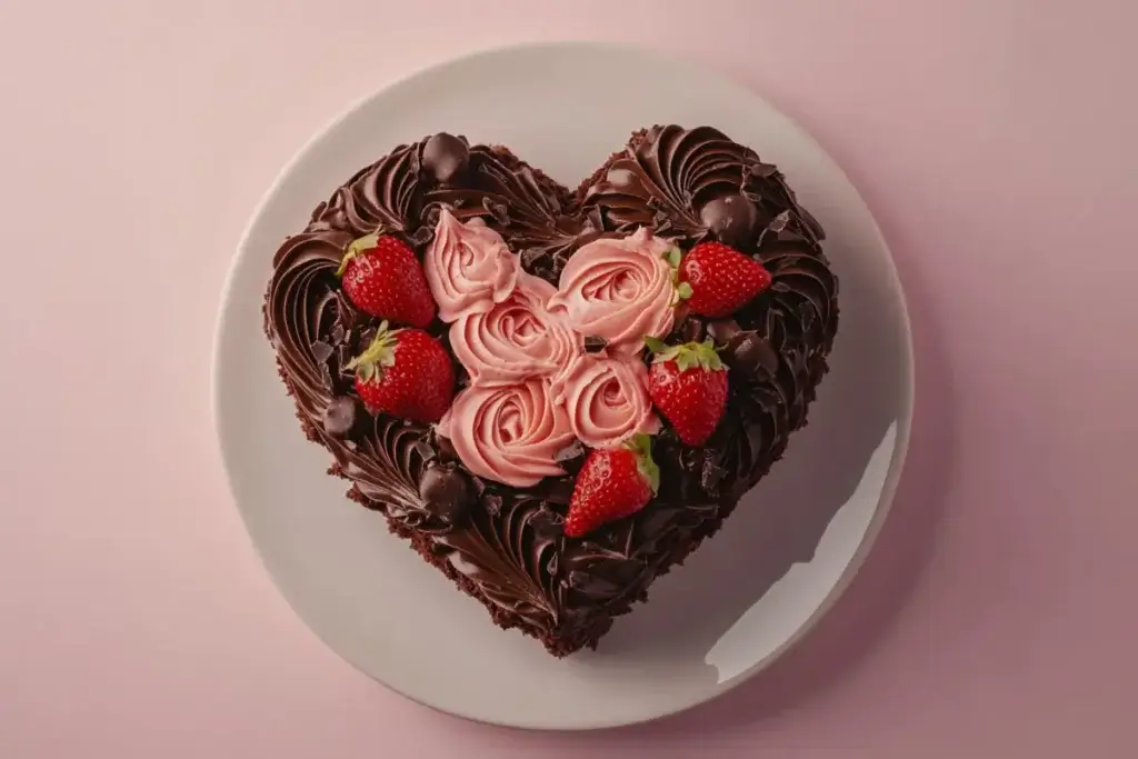 Heart-shaped chocolate cake with chocolate buttercream frosting, garnished with strawberries and rosettes, on a white cake stand.