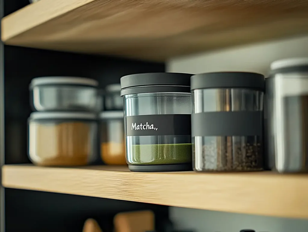 A labeled airtight container for matcha on a pantry shelf, surrounded by other organized tea storage items.