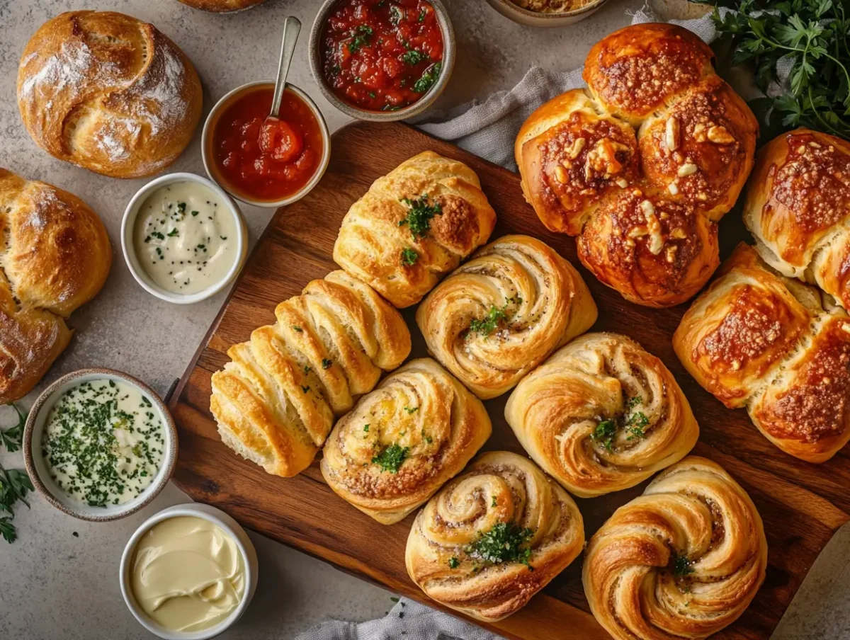 Freshly baked golden-brown Bubba’s Dinner Rolls brushed with butter on a rustic wooden tray.