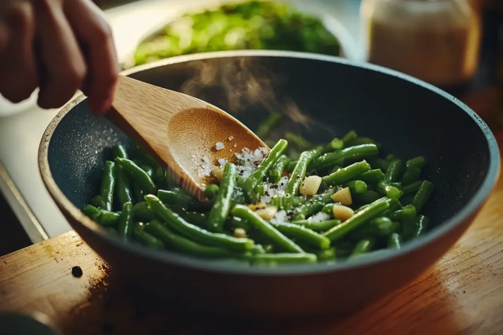 Tossing frozen green beans with olive oil, garlic, salt, and pepper in a mixing bowl.