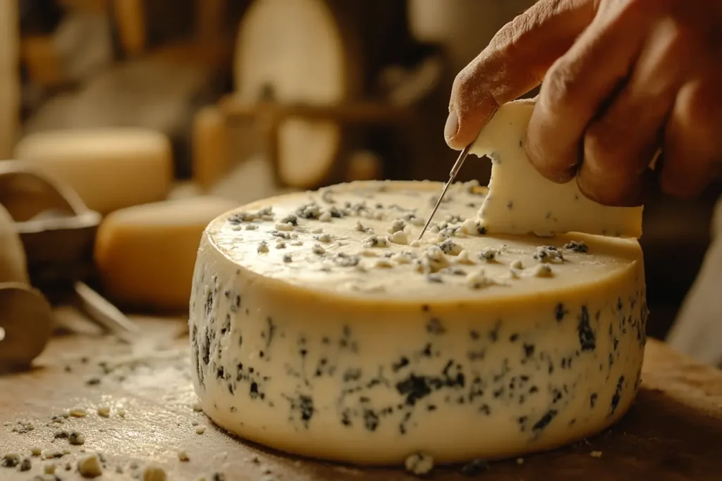 A cheesemaker piercing a wheel of blue cheese with needles to create air channels for mold growth.