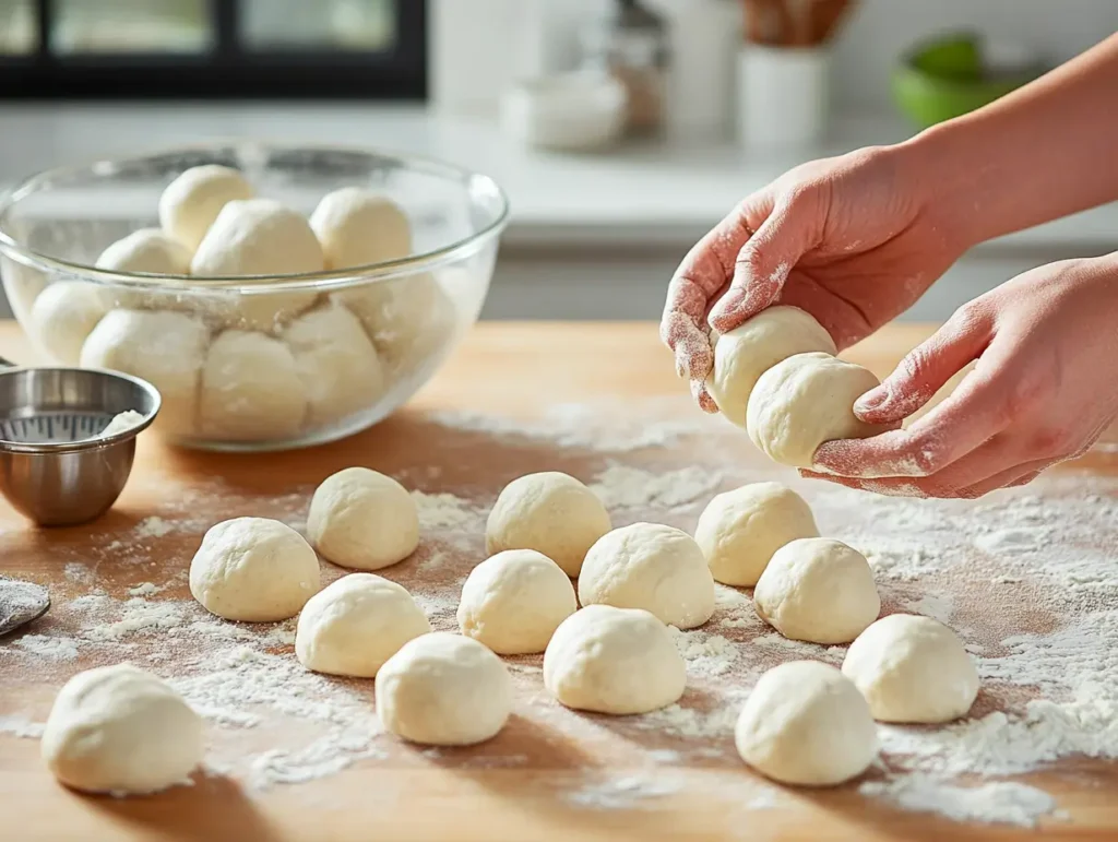 Hands shaping soft Bubba’s Dinner Rolls  dough into smooth balls on a floured wooden surface.