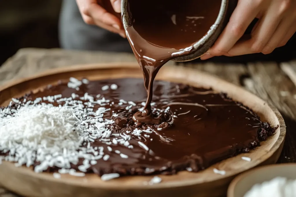 Close-up of chocolate glaze being poured over a soft