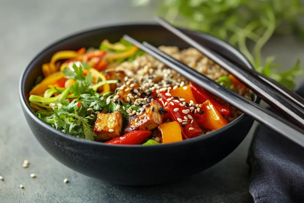 A bowl owith crispy tofu, vegetables, and sesame seeds, served with chopsticks.