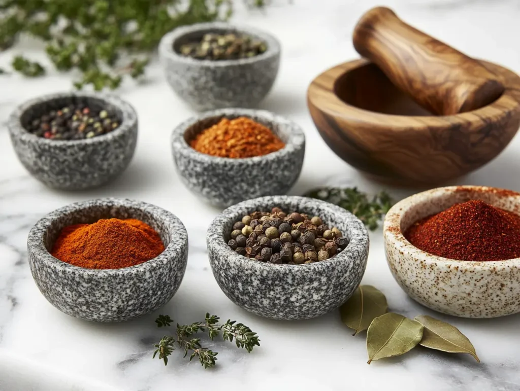 Assorted herbs and spices like thyme, bay leaves, cumin, and paprika on a marble surface with a mortar and pestle.