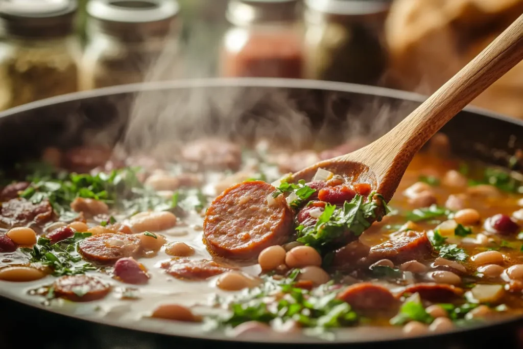 Smoked sausage browning in a skillet with chopped greens and beans prepped nearby on a light wood countertop.