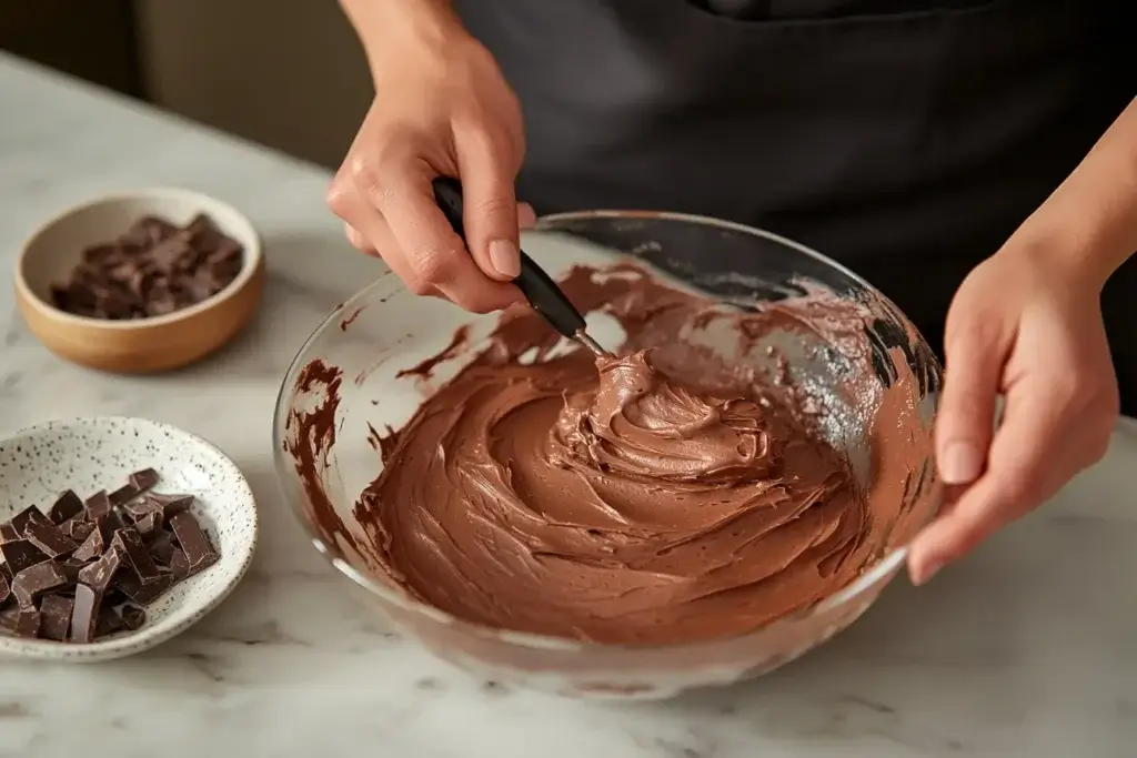 A baker spreading chocolate buttercream frosting on a chocolate cake layer with an icing spatula.