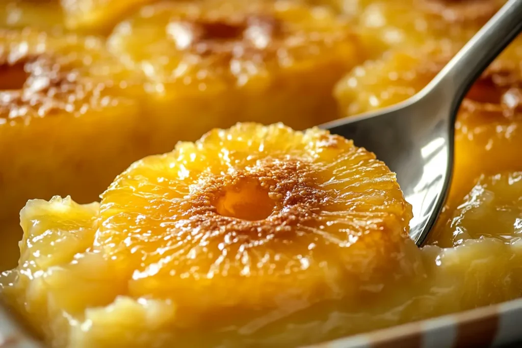 Freshly baked pineapple casserole with a golden cracker topping, served hot in a white baking dish with a spoon.