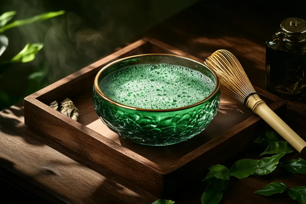 Traditional matcha latte in a Japanese bowl with a bamboo whisk beside it, surrounded by fresh tea leaves.