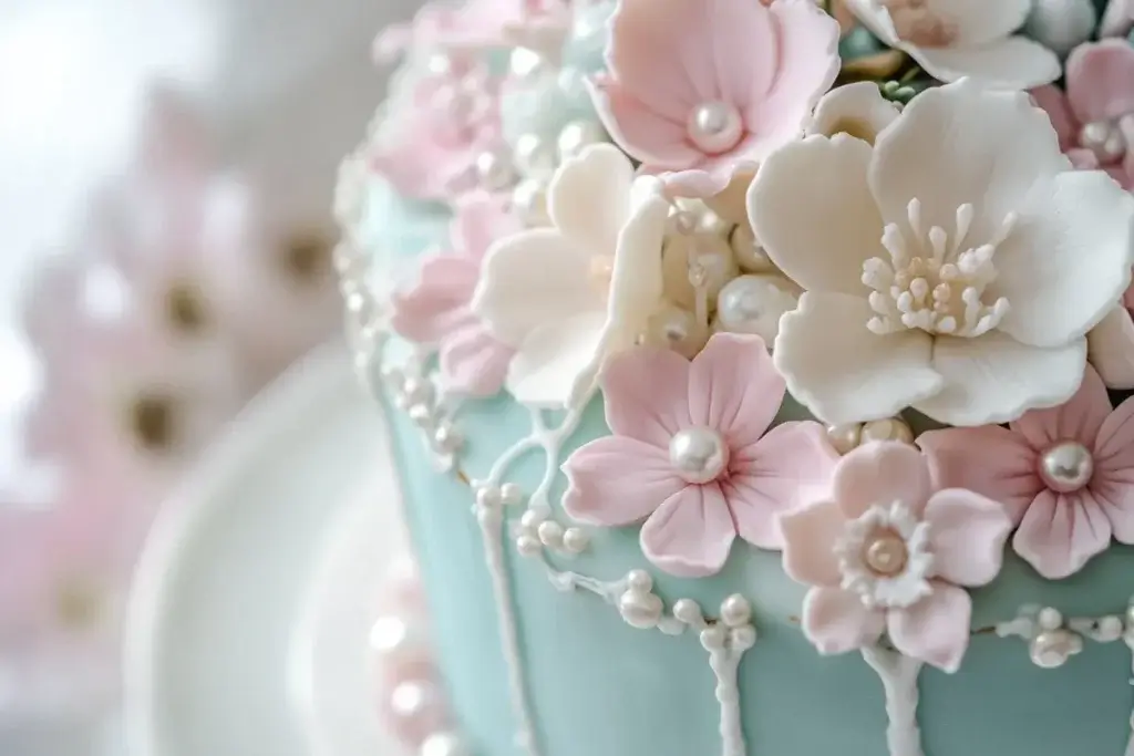 A pastel graduation cake with pink and blue floral piping, edible pearls, and fresh flowers, perfect for elegant celebrations.