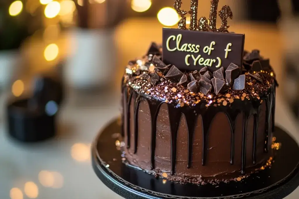 A decadent chocolate drip cake with ganache, glitter, and a custom graduation topper, perfect for an indulgent celebration.