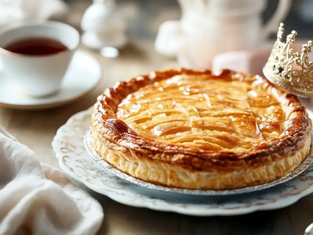 Golden puff pastry Galette des Rois on a plate with a crown and cup of tea, symbolizing French tradition.