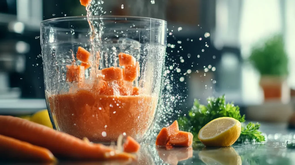 Blender in action processing fresh carrots into juice, with splashes of orange and fresh produce on the countertop.