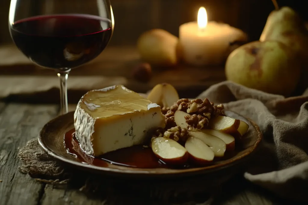 A plate of Stilton cheese paired with red wine, fresh pears, walnuts, and honey in a cozy, rustic setting.