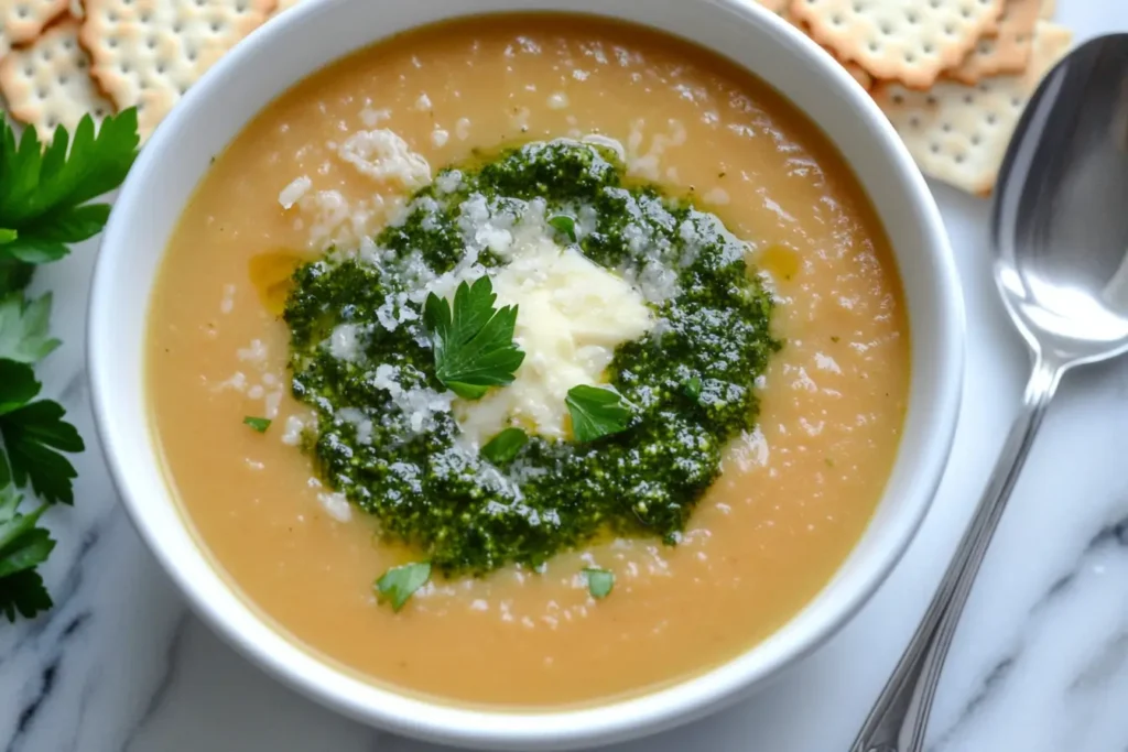 A bowl of vegetable soup garnished with parsley, pesto, and Parmesan cheese, served with crackers on a marble counter.