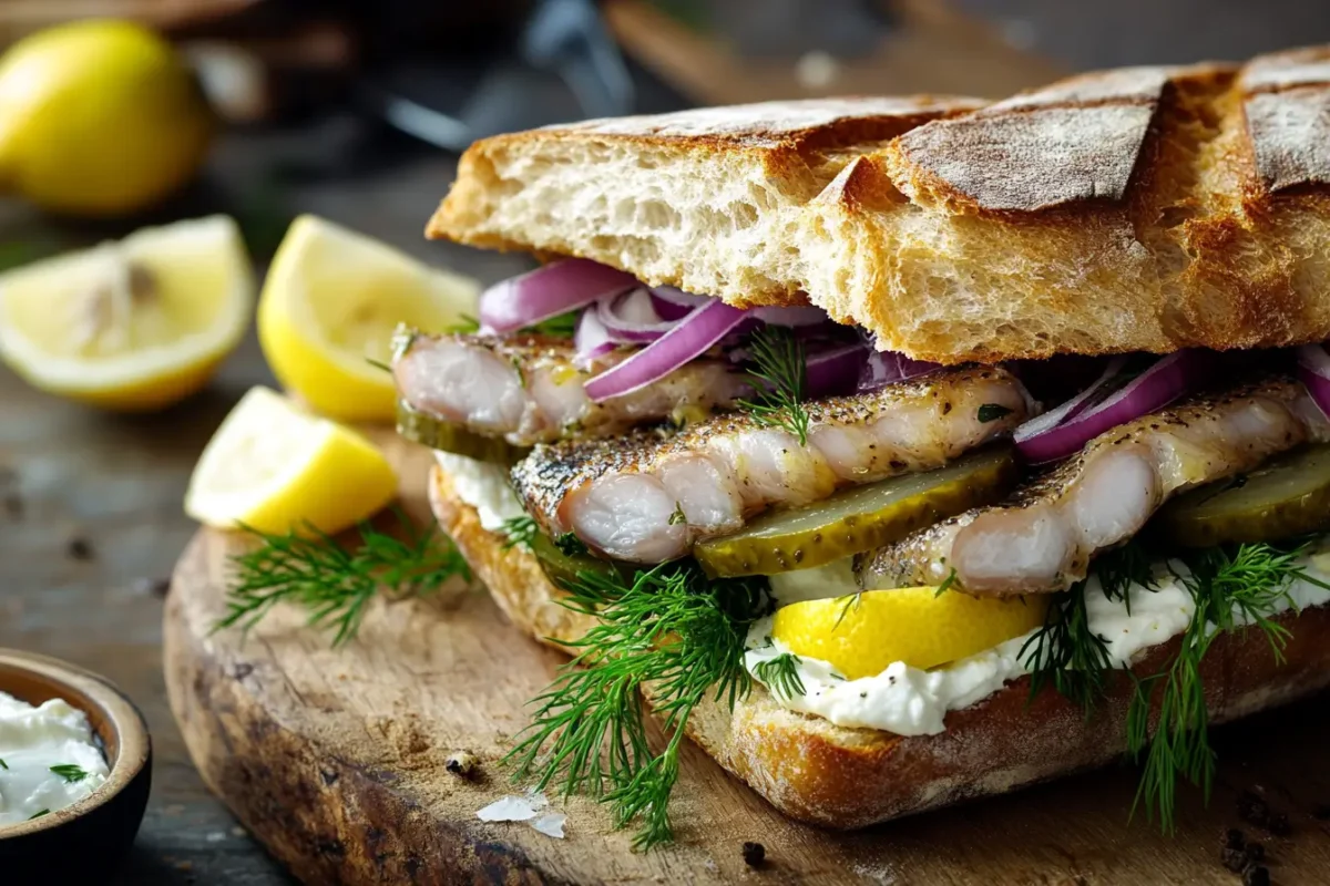 Close-up view of a freshly prepared Matjesbrötchen sandwich with Matjes herring, pickles, and dill on a rustic wooden board.