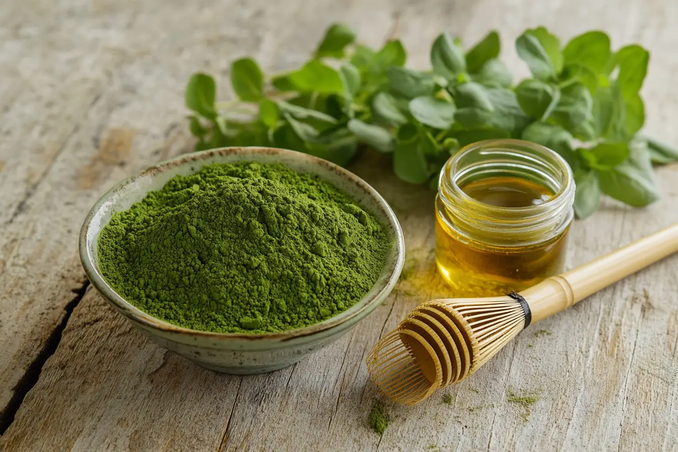 A bowl of vibrant green matcha powder with a bamboo whisk, ceramic tea cup, and jar of honey on a wooden table.