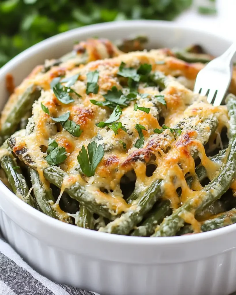 Cheesy garlic roasted green beans served in a white bowl with parsley garnish.