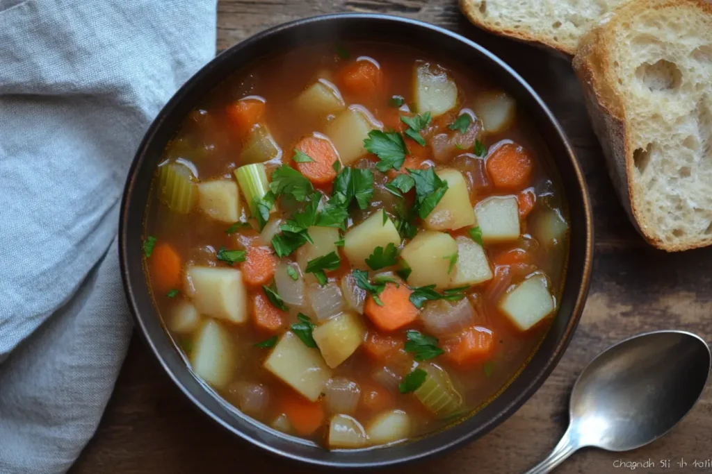 Homemade vegetable soup with carrots, celery, and potatoes in a golden broth, garnished with parsley on a rustic table.