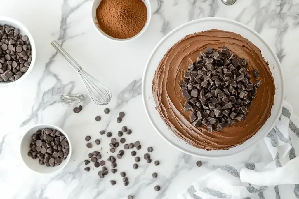 chocolate cake with rich frosting layers and a moist crumb on a dessert plate