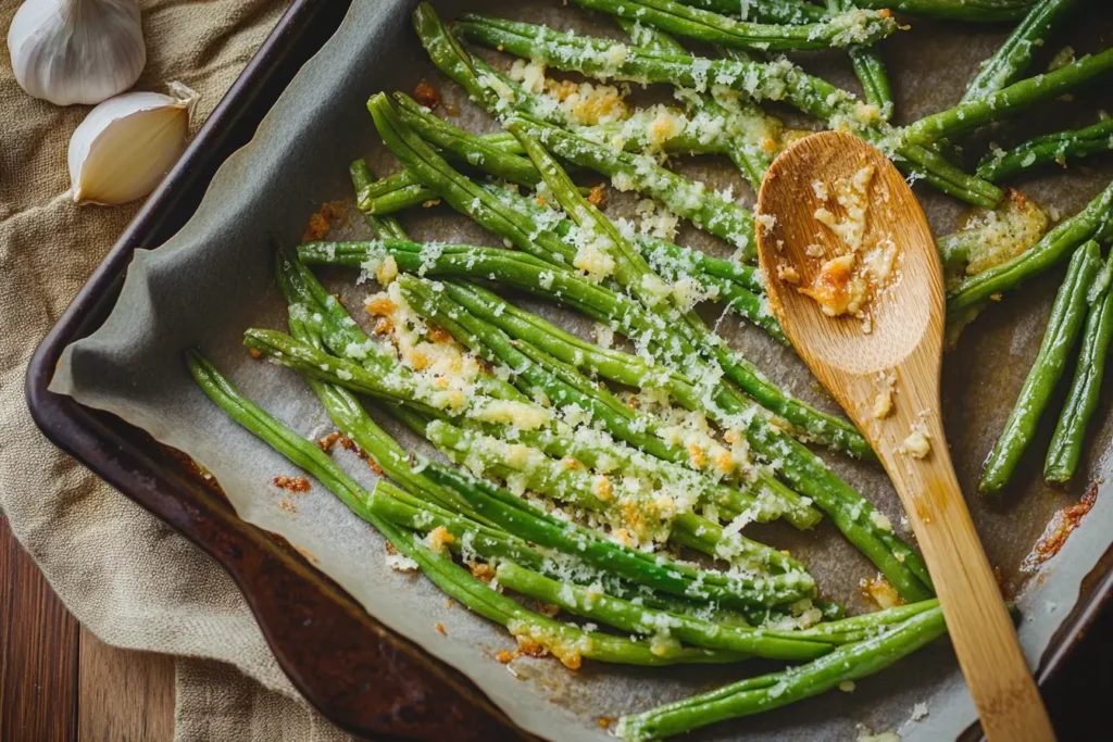 Cheesy roasted green beans with garlic and Parmesan on a parchment-lined tray.