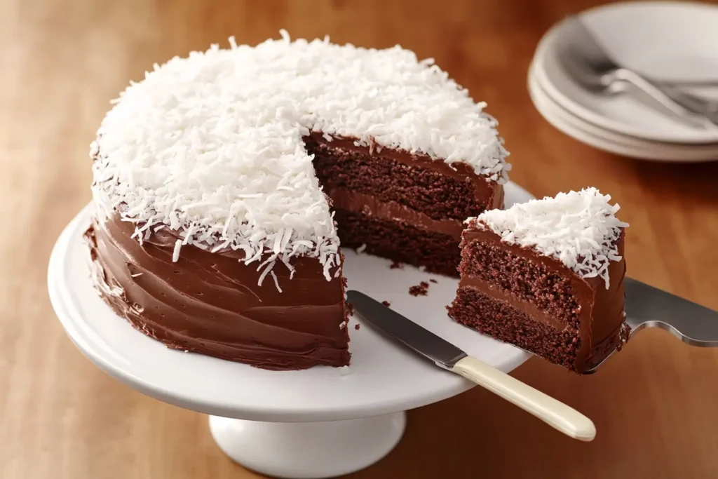 Chocolate coconut Mounds cake with frosting and coconut garnish on a white cake stand