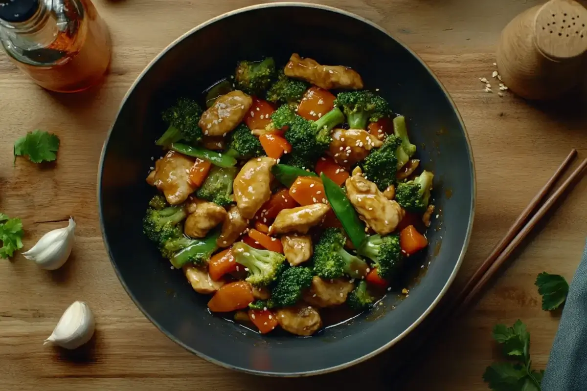 Chicken stir-fry with broccoli, bell peppers, and carrots in a glossy sauce served in a wok.