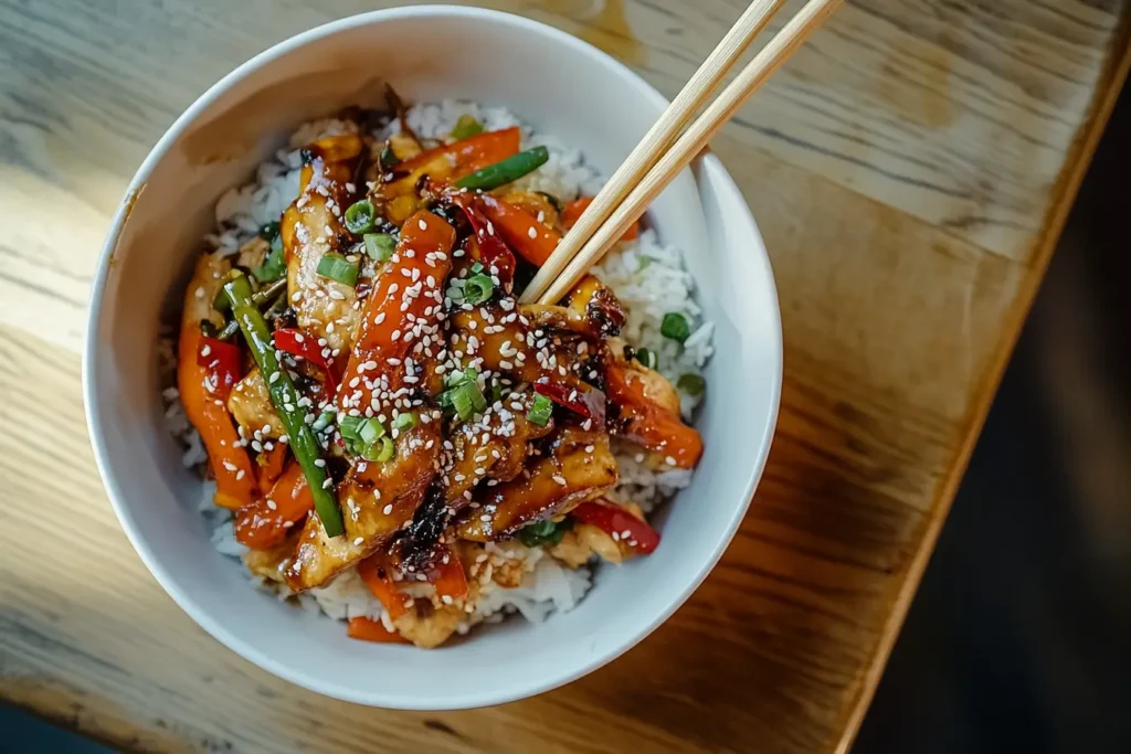 Chicken and vegetable stir-fry served over rice in a white bowl with sesame seeds and scallions.