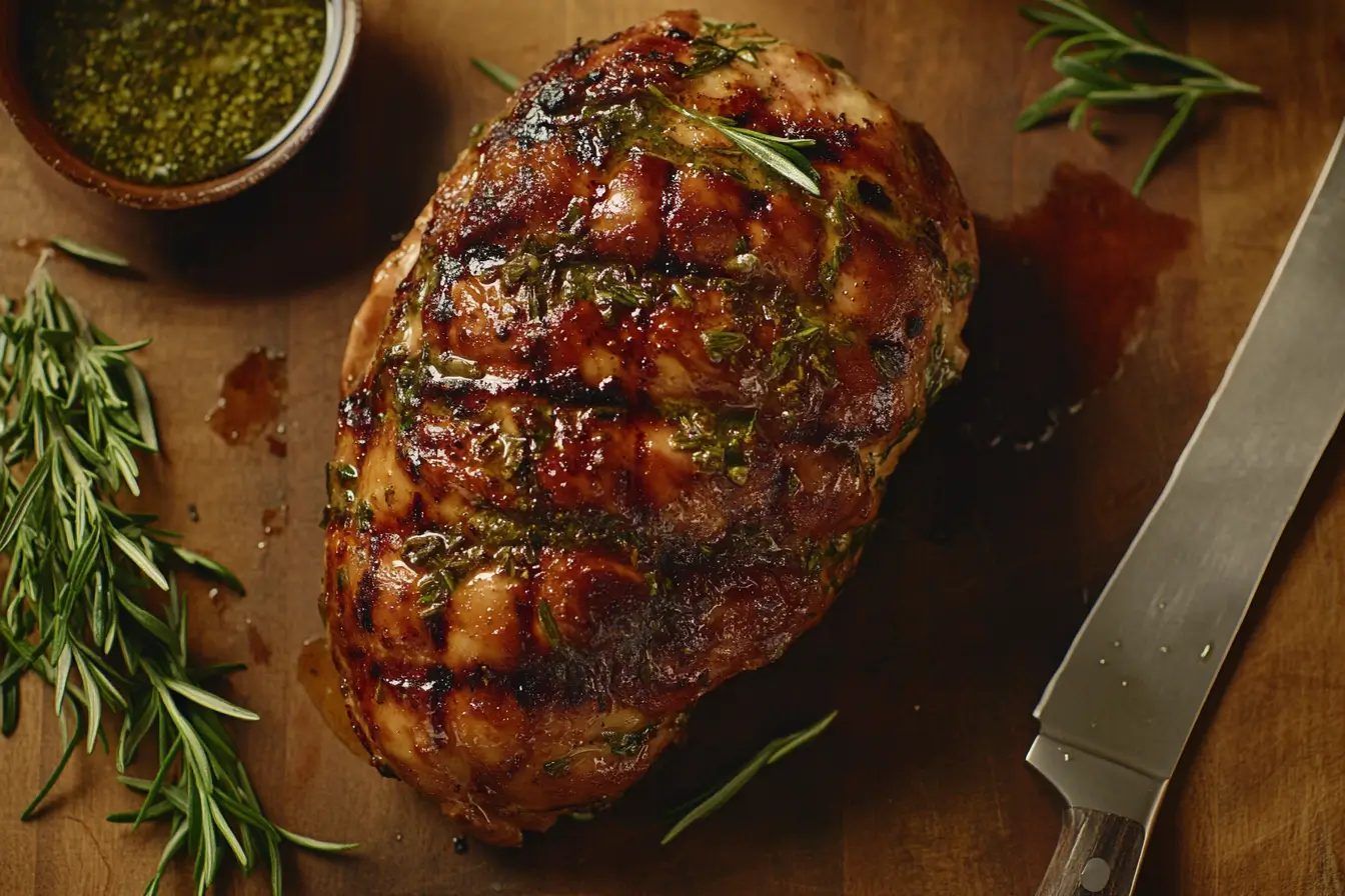 Perfectly grilled chicken breast seasoned with herbs and spices, presented on a wooden board with fresh rosemary and marinade.