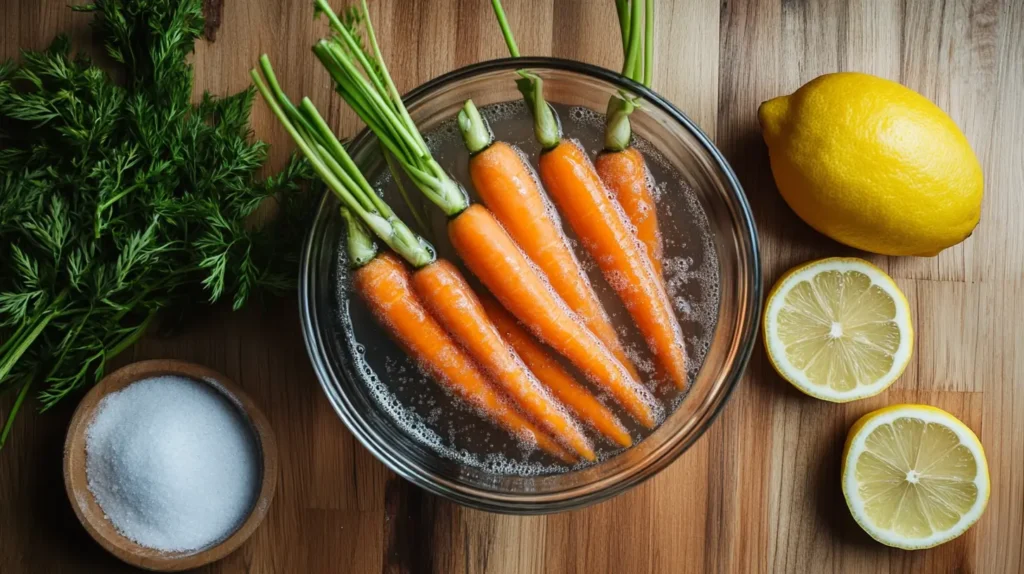 Fresh carrots soaking in water with lemon and baking soda on a wooden kitchen countertop.