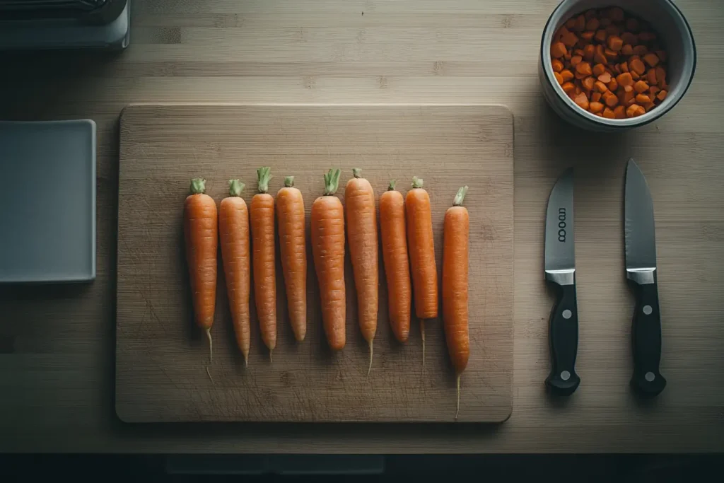 Peeled carrot with a vegetable peeler and unpeeled carrots on a cutting board.