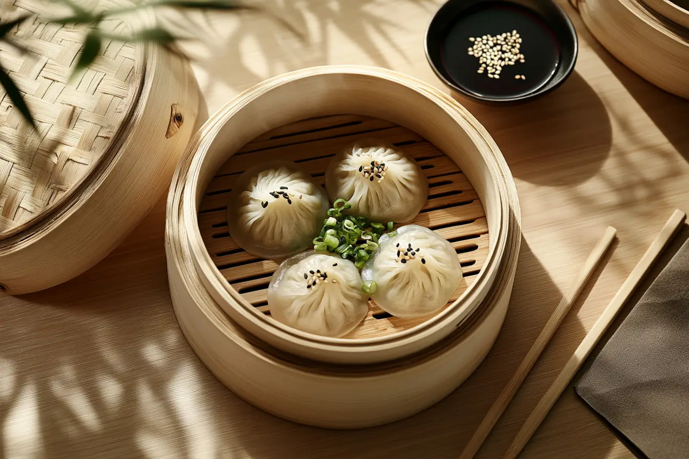 A bamboo steamer filled with vegetarian soup dumplings, garnished with scallions and served with dipping sauce on a wooden table.