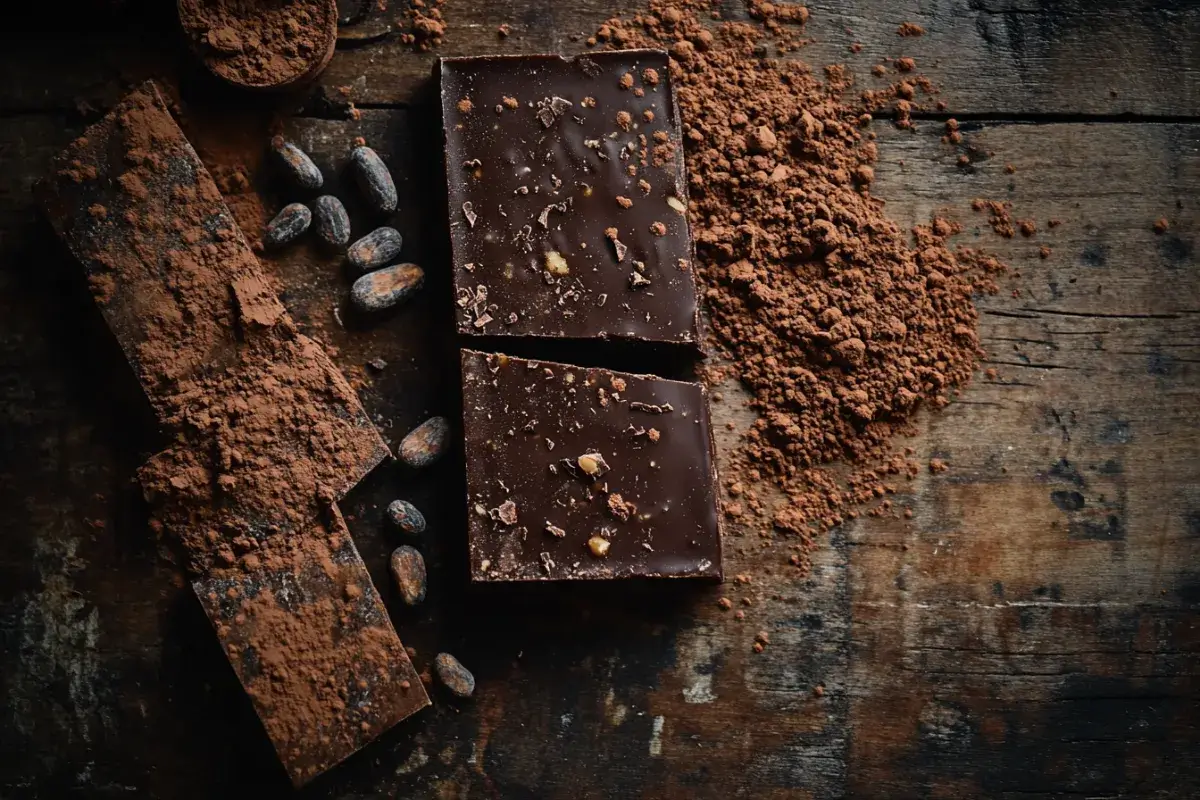 High-quality dark chocolate bar broken into pieces with cocoa powder and cocoa beans on a wooden table.