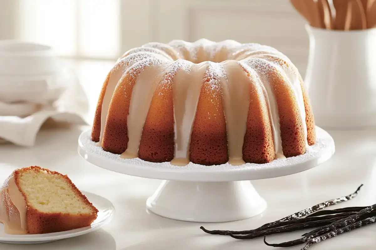 Golden-brown classic Bundt cake with vanilla glaze on a ceramic stand, surrounded by powdered sugar and vanilla pods.