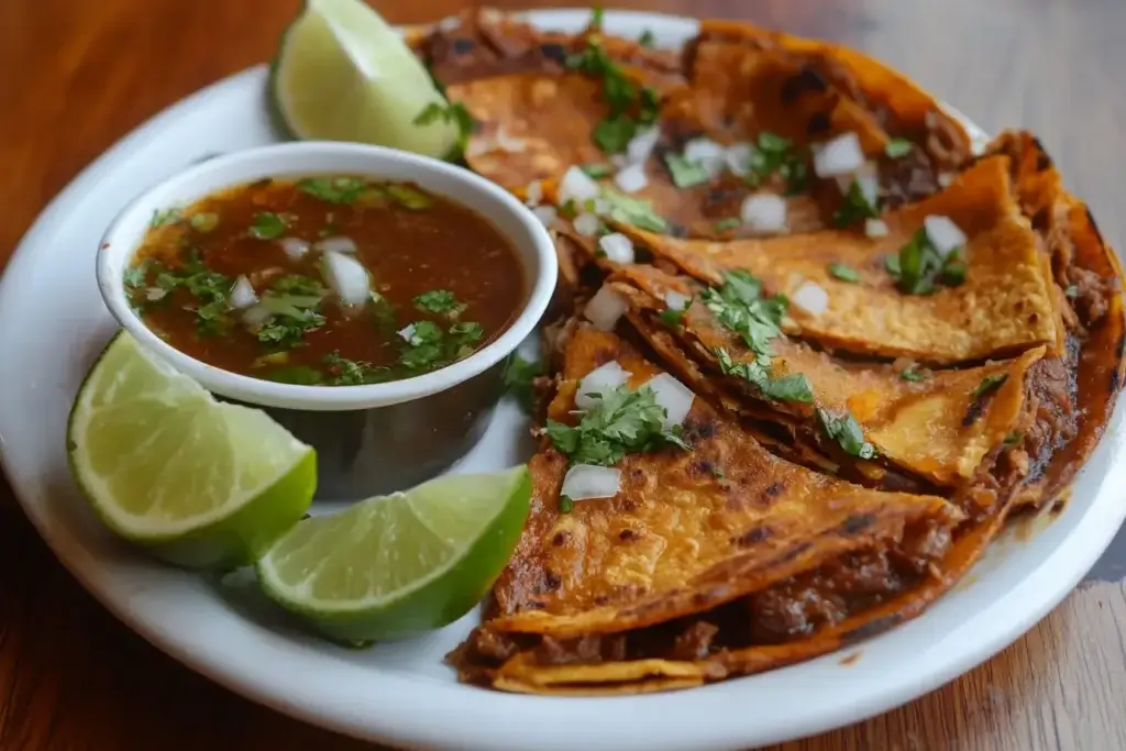 Close-up view of birria tacos served with consommé, garnished with cilantro, onions, and lime wedges on a wooden table.