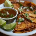 Close-up view of birria tacos served with consommé, garnished with cilantro, onions, and lime wedges on a wooden table.