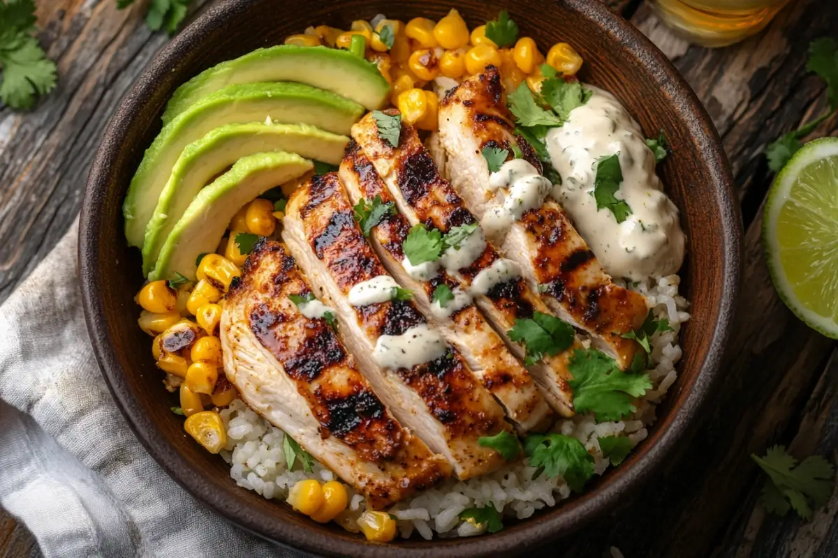 Overhead shot of a Street Corn Chicken Rice Bowl with grilled chicken, charred corn, and creamy sauce, garnished with avocado and lime wedges.