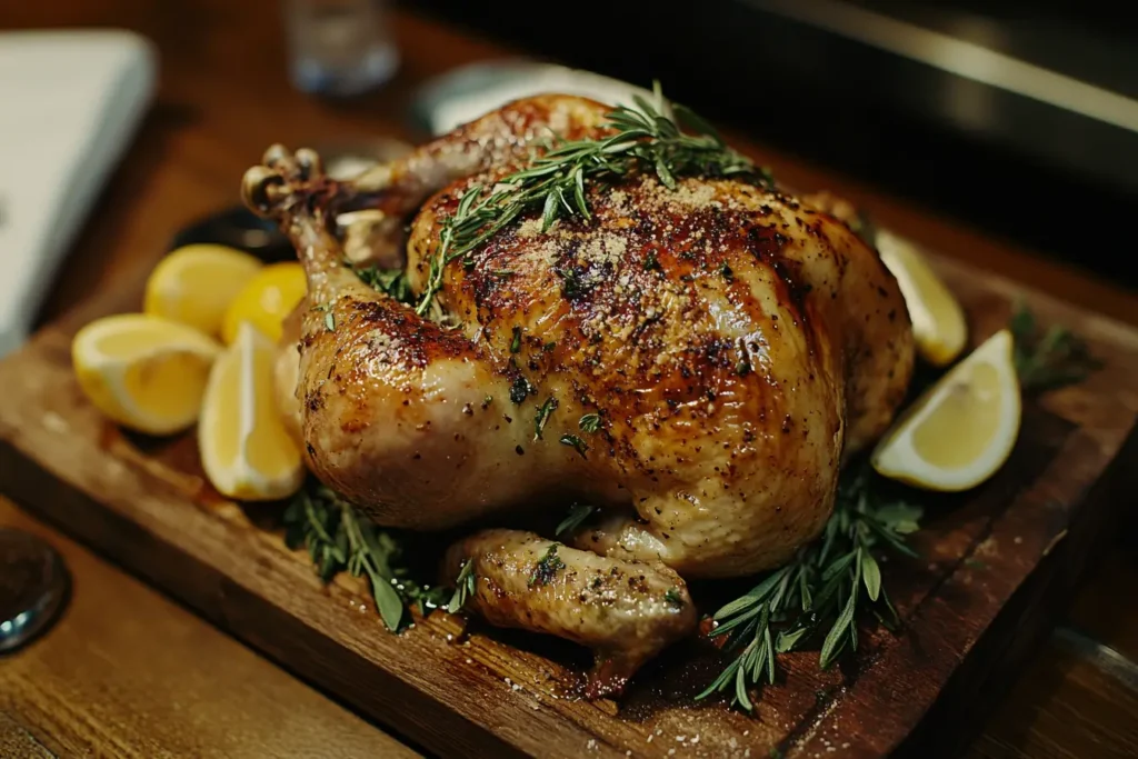 Golden roasted whole chicken garnished with fresh rosemary and thyme, served with lemon wedges and seasoning.