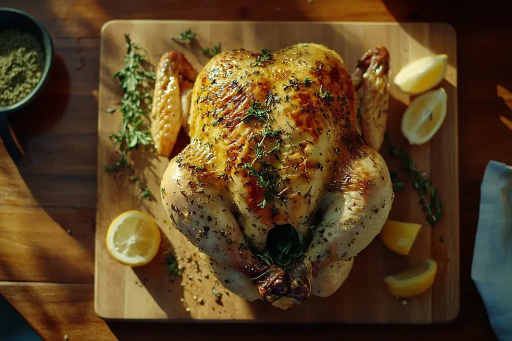 Oil-free chicken breast garnished with parsley, served with lemon slices and roasted vegetables on a white plate.