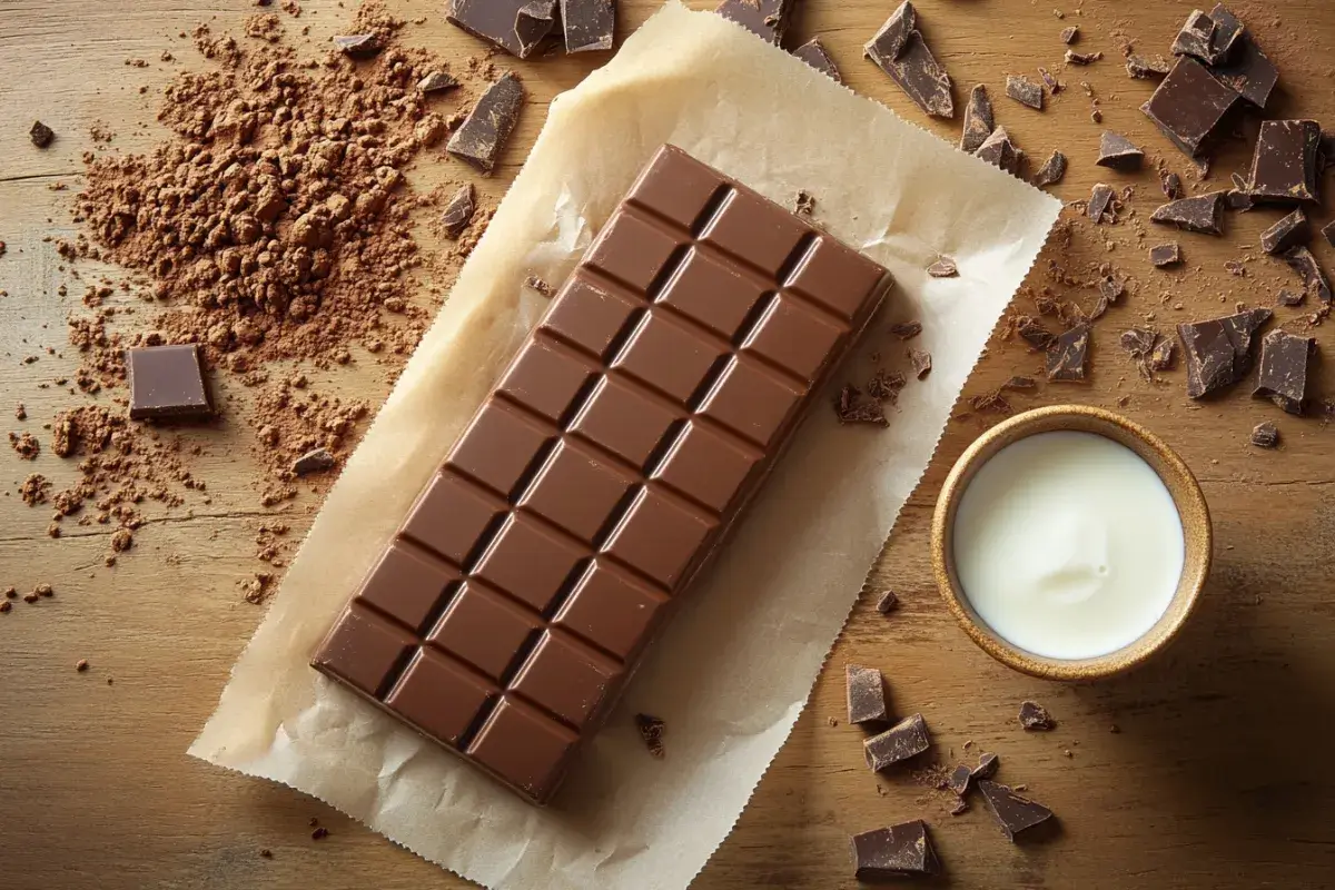 Glossy milk chocolate bar on parchment paper with cocoa powder and melted chocolate, highlighting its rich texture.