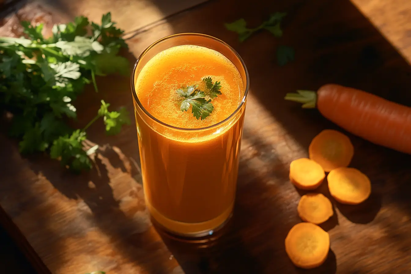 Freshly poured carrot juice in a tall glass, garnished with parsley and surrounded by sliced carrots on a wooden table.