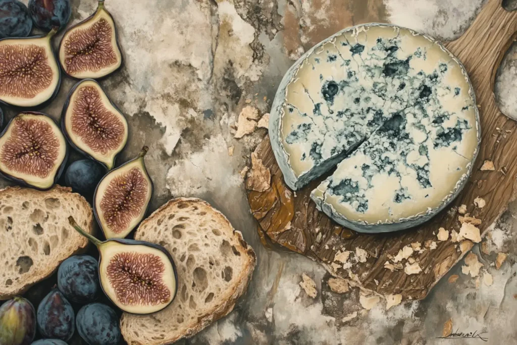 A wheel of Roquefort blue cheese with visible blue veins, served on a wooden board with figs, bread, and honey.